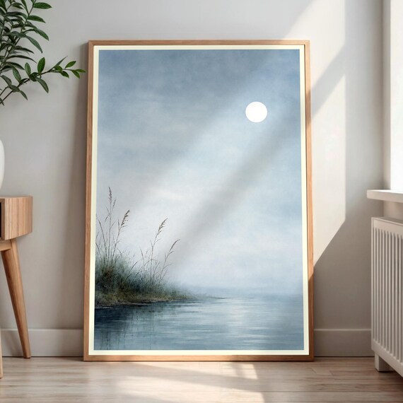 Full Moon Over Misty Lake Reeds Minimalist Calm Waters Wall Art