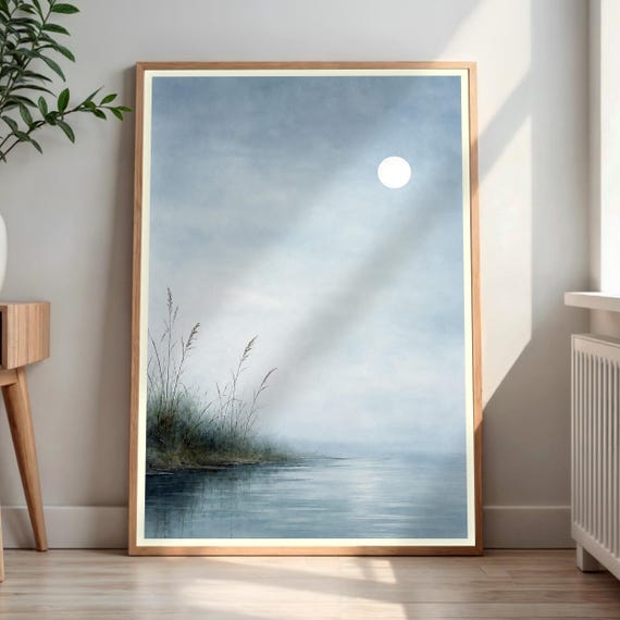 Misty Lake Wall Art Moonlit Landscape Painting Tranquil Reed Shore Print Nature Decor