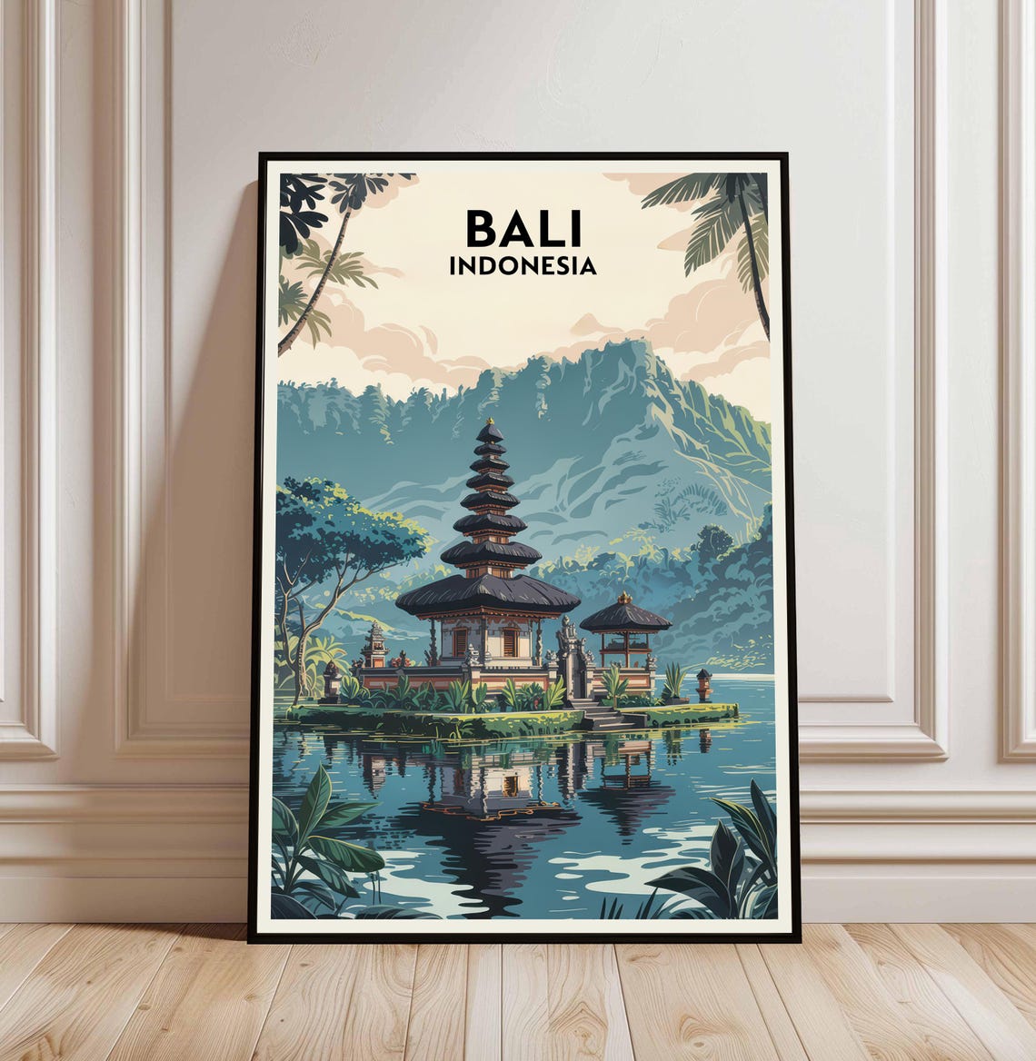 Bali Indonesia Temple Lake Retro Travel Poster Tropical Artwork