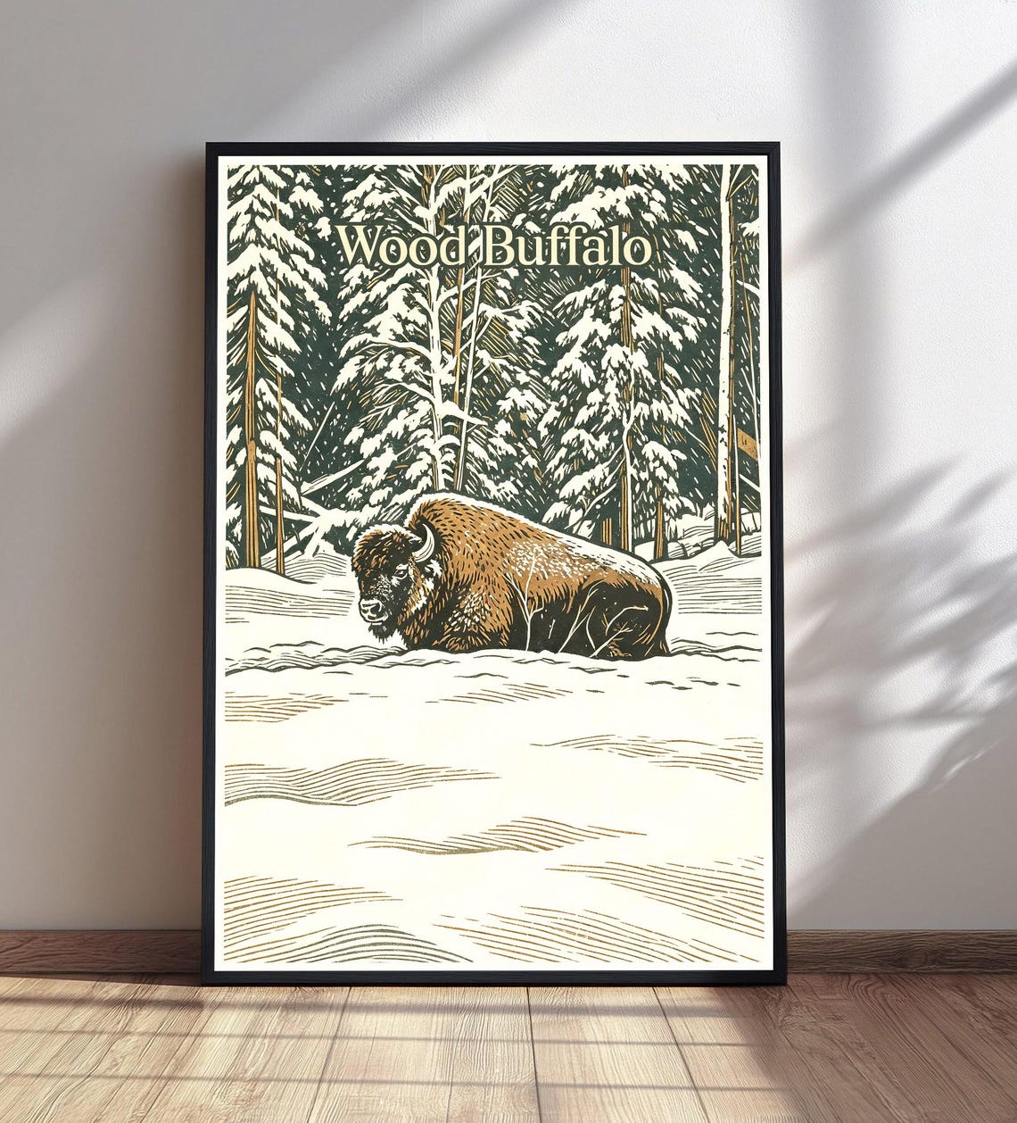 Wood Buffalo Winter Art Print Snowy Bison Forest Wall Decor Rustic Wildlife Poster