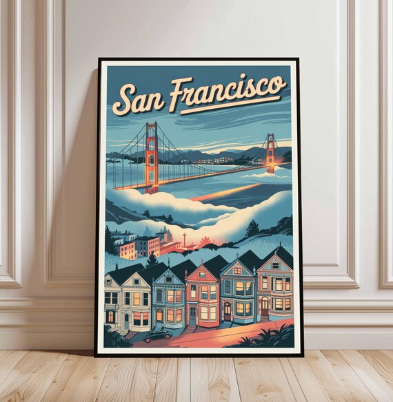 San Francisco Golden Gate Bridge and Victorian Row Houses Travel Poster