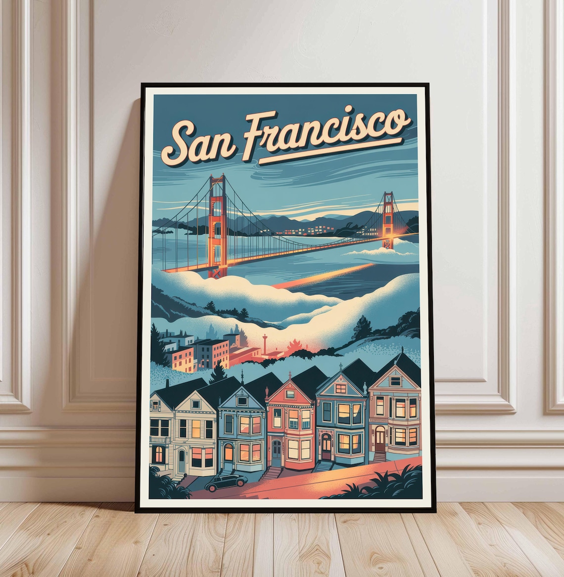San Francisco Golden Gate Bridge and Victorian Row Houses Travel Poster