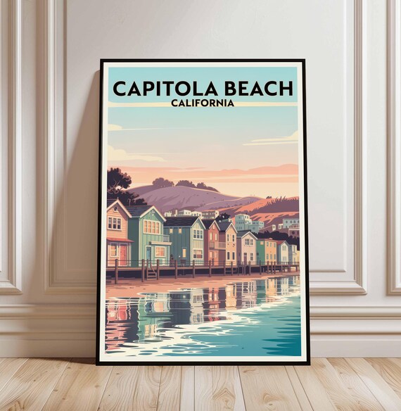 Capitola Beach California Travel Poster With Colorful Beach Cottages