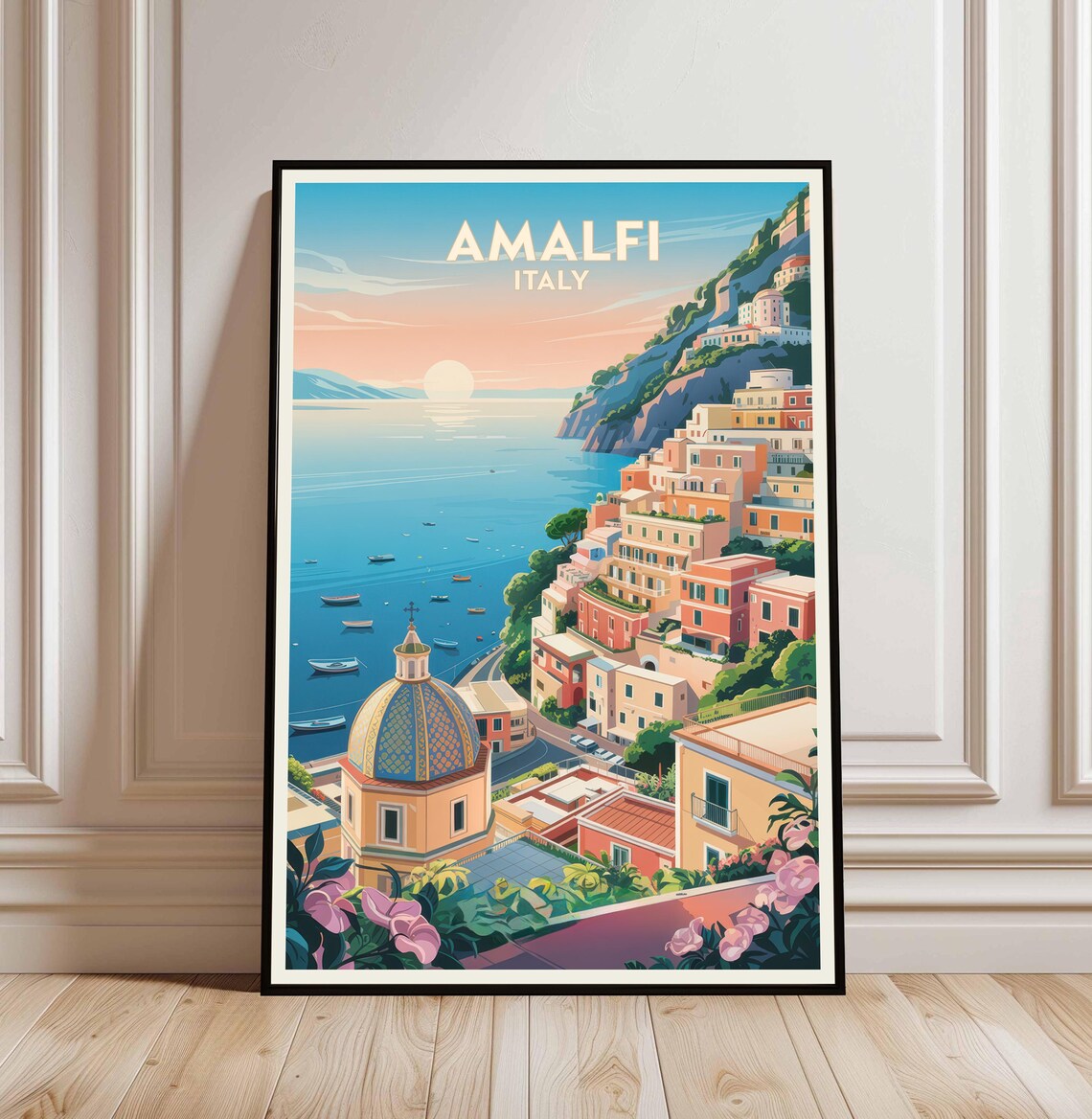 Amalfi Italy Cliffside Village Sunset Coast Vintage Travel Poster