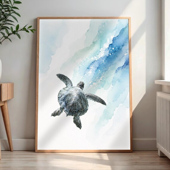 Sea Turtle Watercolor Blue Ocean Waves Coastal Marine Life Poster
