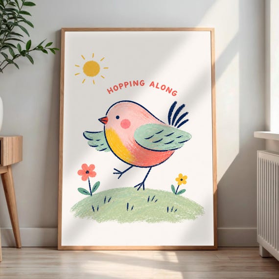 Hopping Along Bird Wall Art Colorful Print Grassy Hill Flowers Decor Sunny Nature