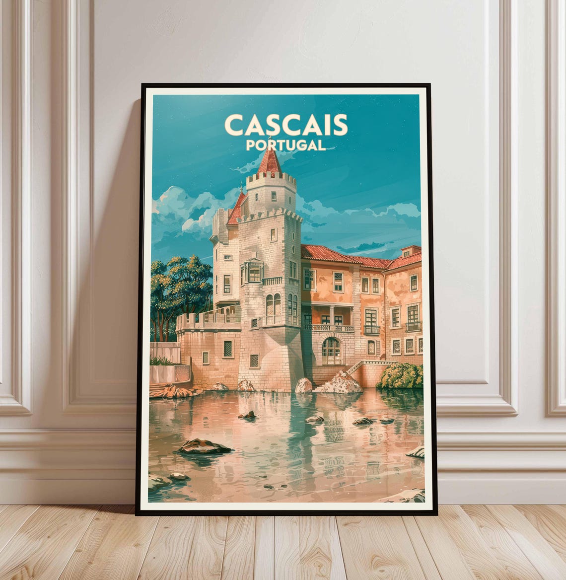 Cascais Portugal Seaside Stone Tower Retro Vintage Travel Poster