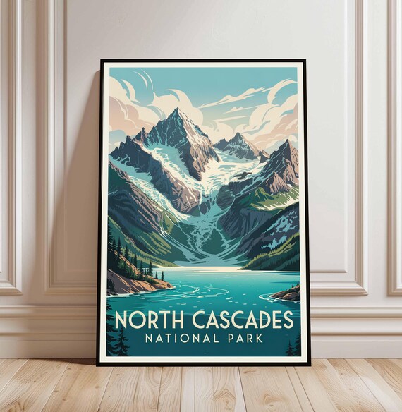 North Cascades National Park Vintage Travel Poster Snowy Peaks Lake Art