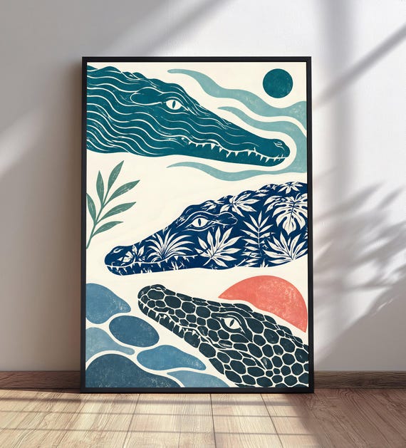 Abstract Alligator Art Print Crocodile Wall Decor Tropical Animal Painting Coastal Living Room
