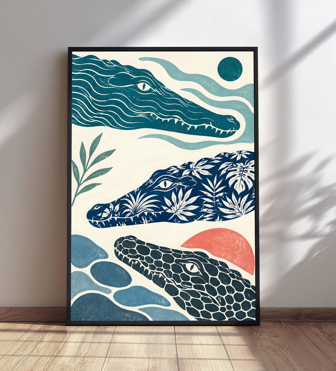 Teal Crocodile Trio Heads Boho Linocut Tropical Wildlife Poster