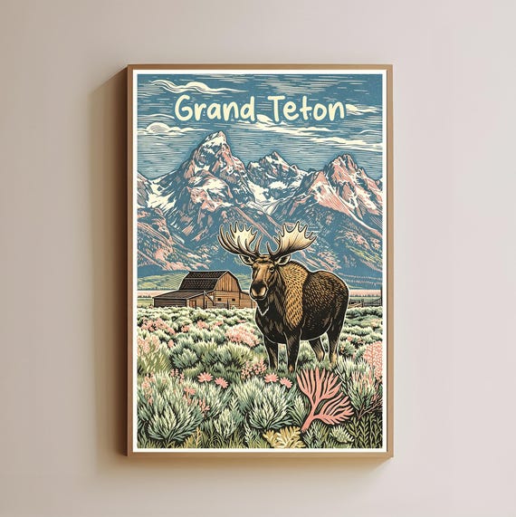 Grand Teton Print Moose Wildflower Barn Art Woodcut Style Mountain Landscape Wyoming Wall Decor