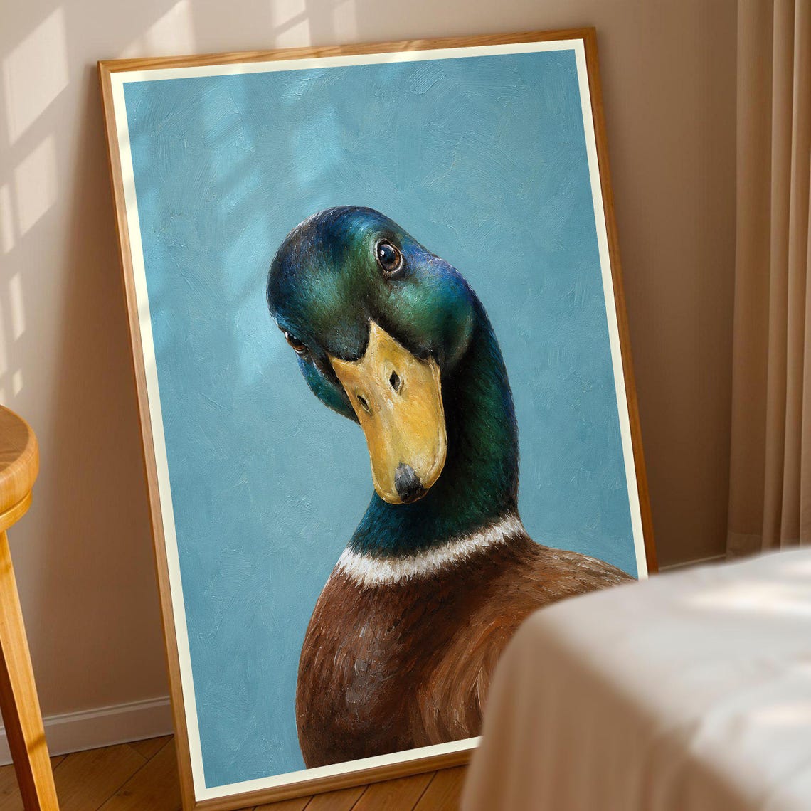 Mallard Duck Portrait Blue Background Waterfowl Bird Art Poster