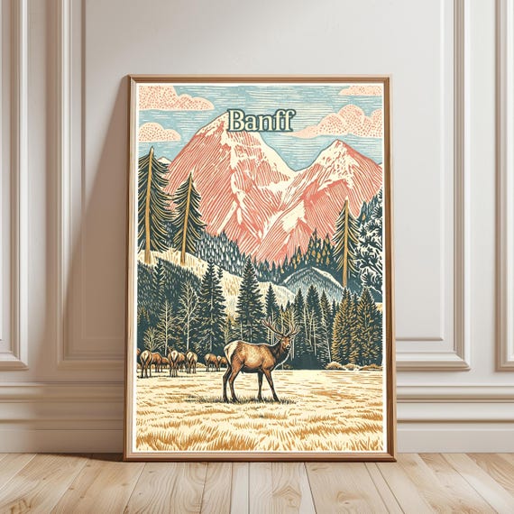 Banff National Park Poster Vintage Canada Travel Print Alberta Mountain Wall Art Elk Pine Tree Decor