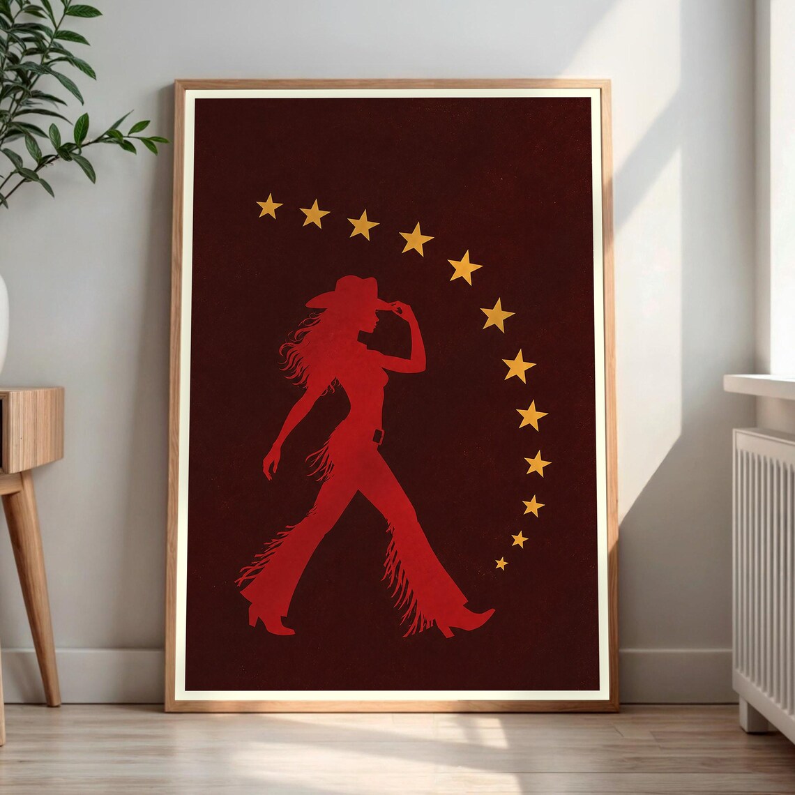 Red Cowgirl Silhouette Beneath Golden Stars Western Decor Poster
