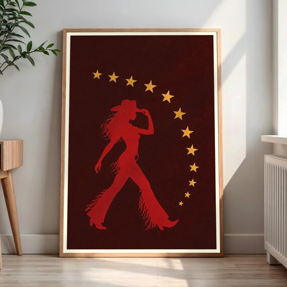 Cowgirl Wall Art Print Celestial Stars Western Decor Red Silhouette Poster Modern Southwestern Room