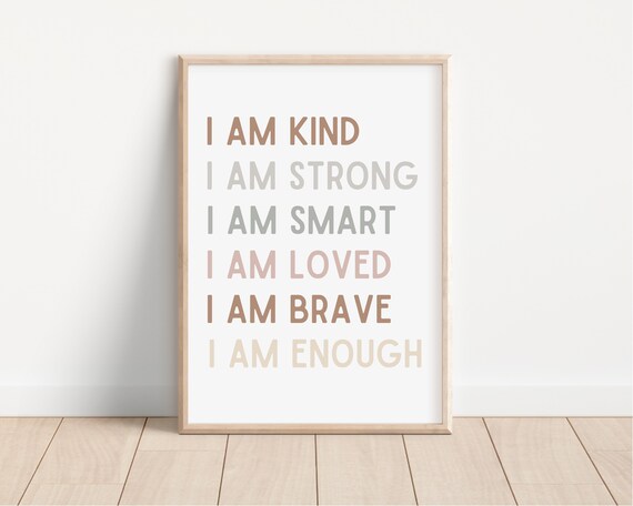 Kids Positive Affirmations Wall Art I Am Kind Strong Brave Enough