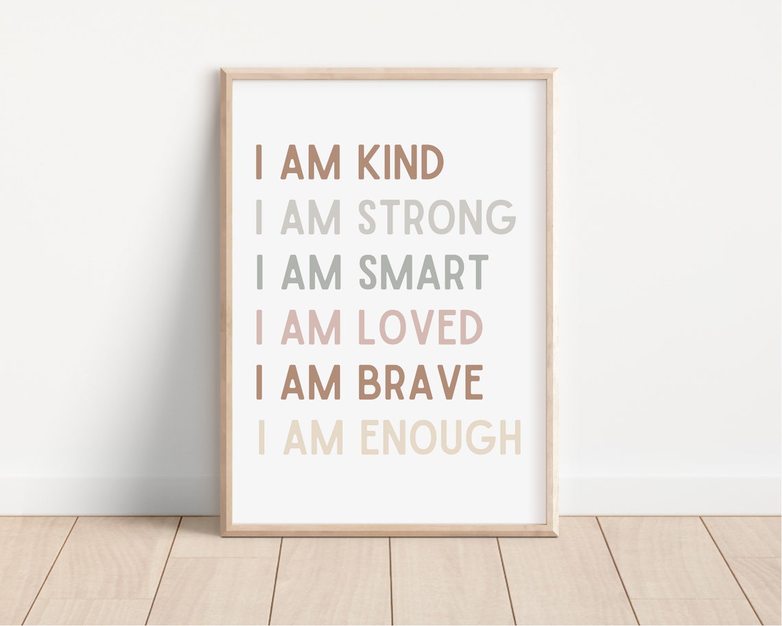 Kids Positive Affirmations Wall Art I Am Kind Strong Brave Enough