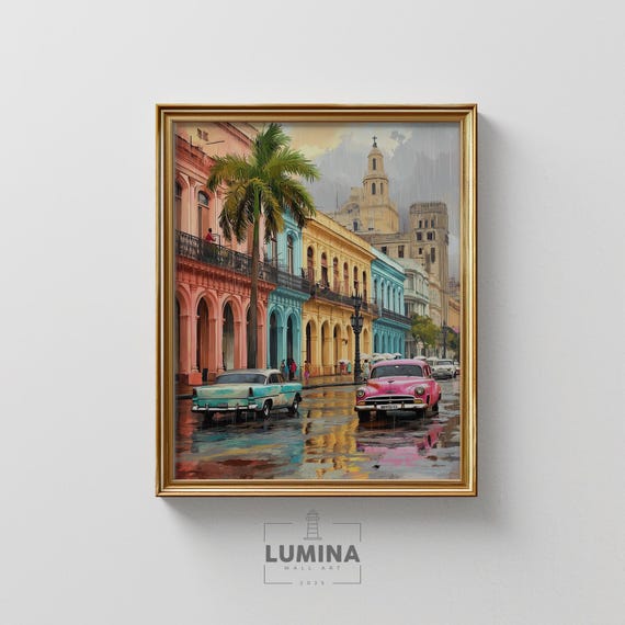 Rainsoaked Havana In Spring, Vintage Cuban Cars Travel Poster