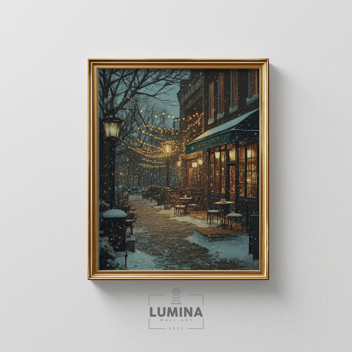 Snowy Winter Evening Street Cozy Cafe String Lights Romantic Poster