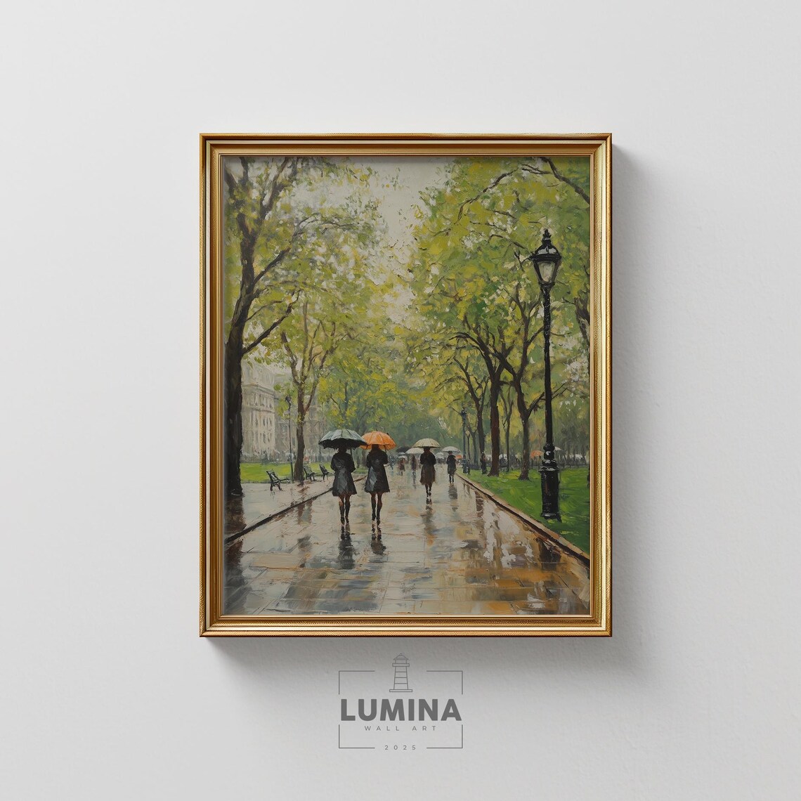 Rainy Autumn Park Walk Umbrellas Wet Path Green Trees Painting Poster