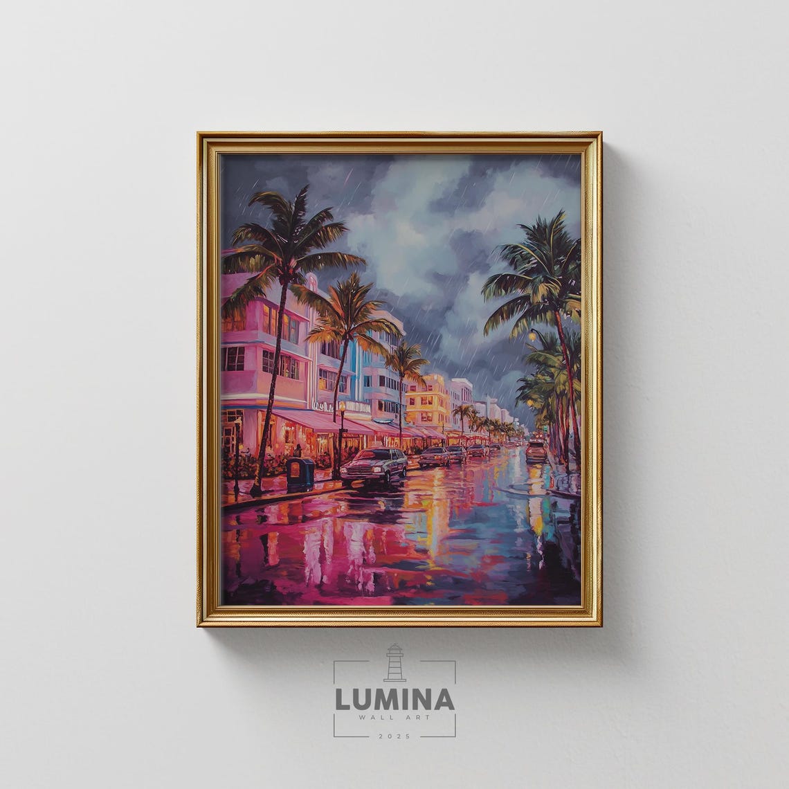 Neon Palm Avenue Rainy Night Reflections Impressionist Wall Art
