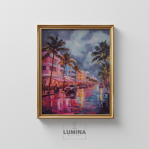 Pink Art Deco Miami Street Vibrant Coastal Cityscape Tropical Rainy Night Retro Neon Glow Moody Wall 409