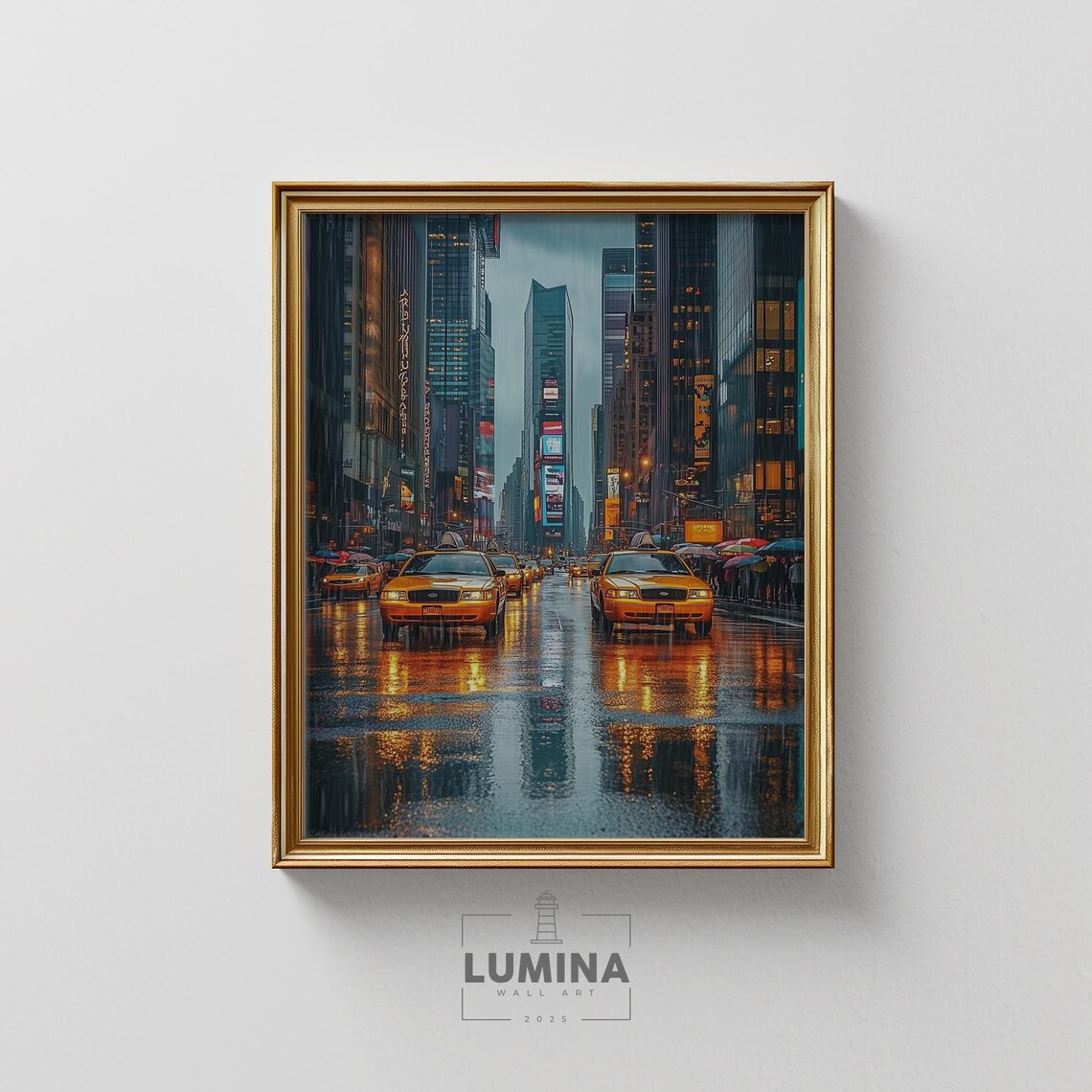 New York City Rainy Night Yellow Taxis Times Square Moody Poster
