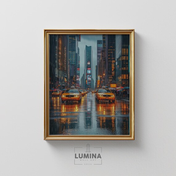 New York City Rainy Night Yellow Taxis Times Square Moody Poster