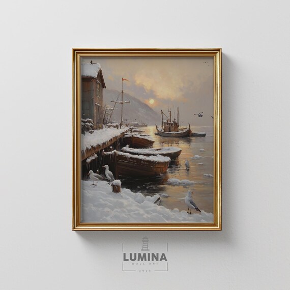 Icy Harbor Snowcovered Boats and Seagulls Vintage Winter Painting Poster