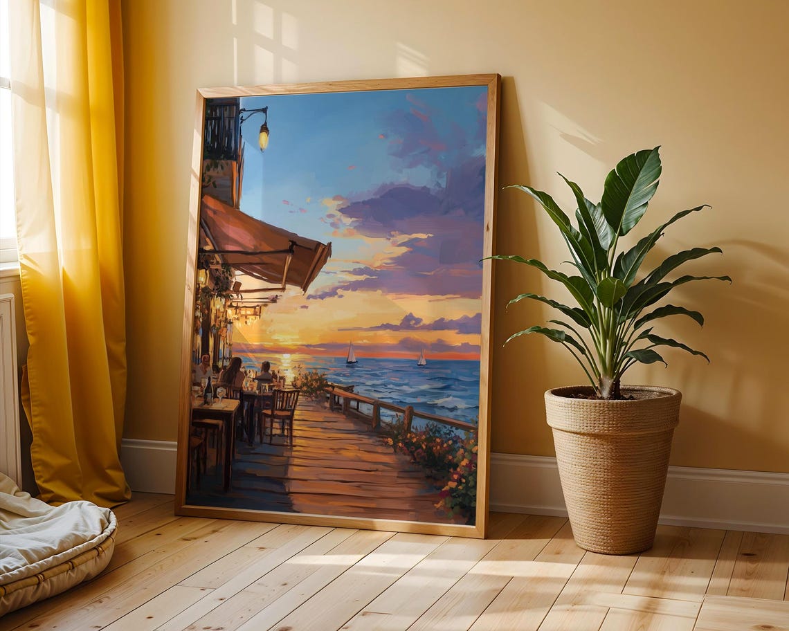 Warm Seaside Cafe At Golden Hour Wooden Deck Ocean Sunset Poster