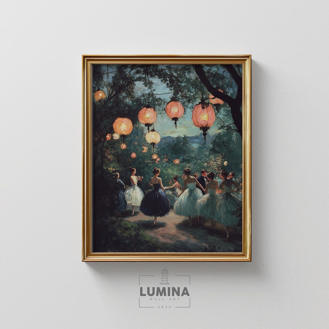 Ballerinas Dancing Under Lanterns In Moonlit Garden Night Wall Art
