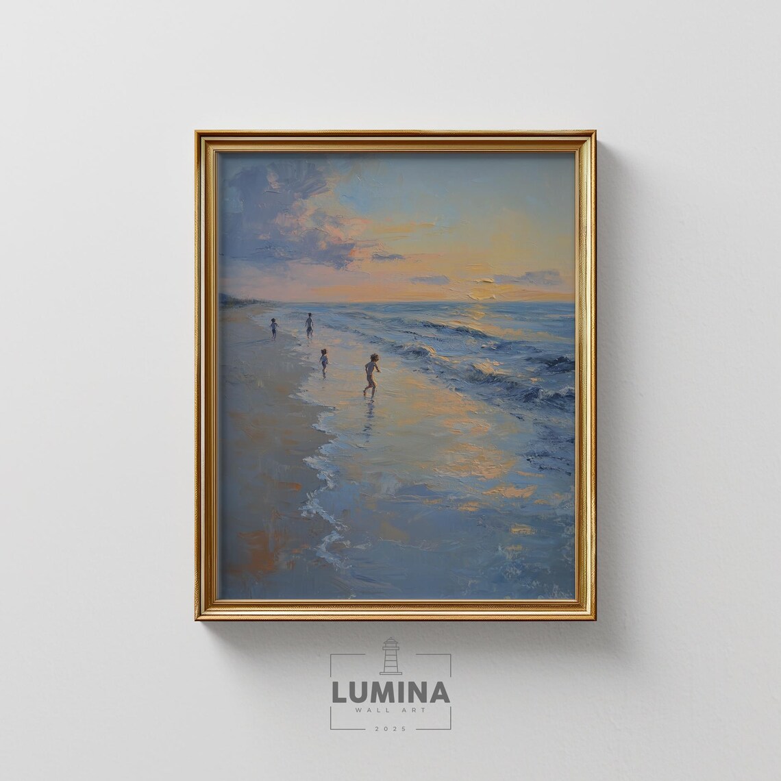 Golden Hour Beach Children Playing in Surf Coastal Painting Poster