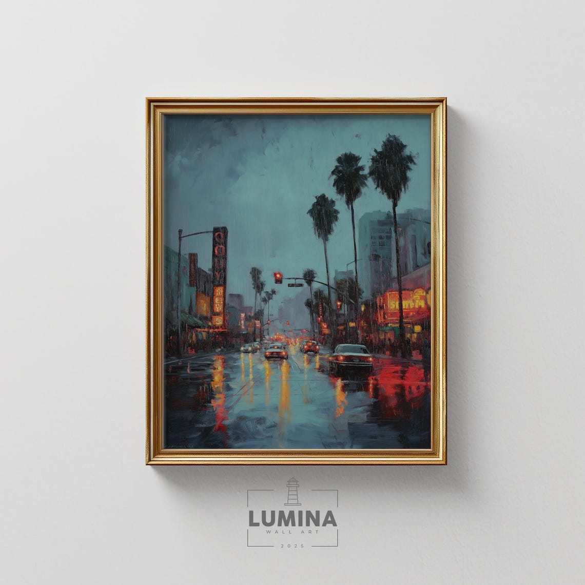 Rainy Neon Boulevard Night City Lights Impressionist Wall Art