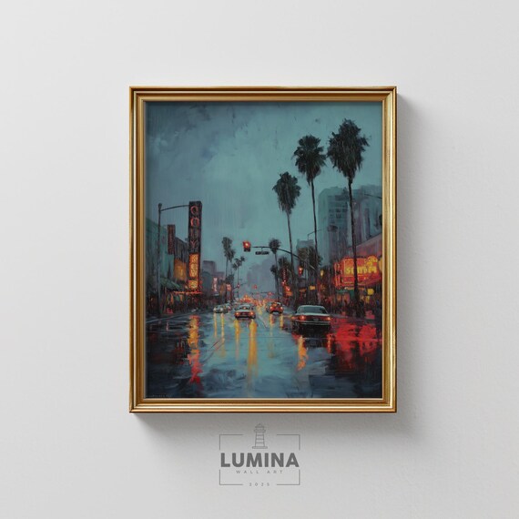 Rainy Los Angeles Boulevard At Night Neon Glow Palm Trees Vintage Urban Cityscape Moody Travel Wall Art Painting 420