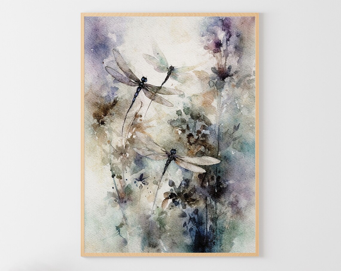 Dragonfly Lavender Watercolor Art Print, Floral Wall Art