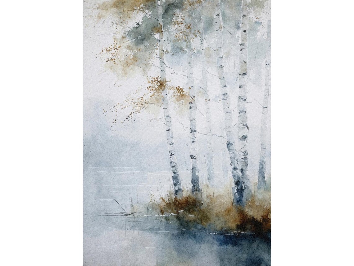 Autumn Birch Trees Lakeside Misty Watercolor Landscape Poster