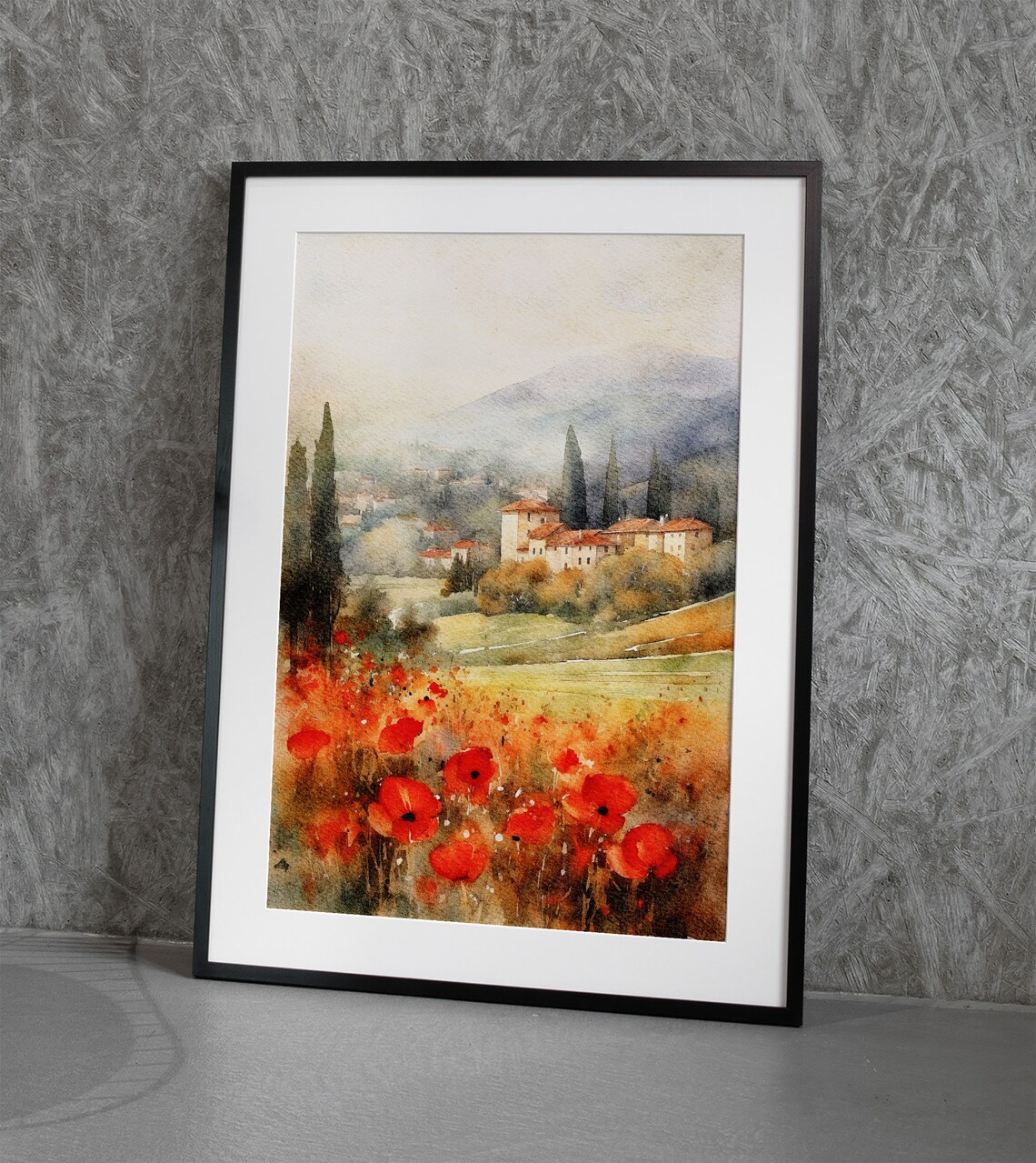 Tuscan Watercolor Poppy Landscape Art Print, Italy - Image 5