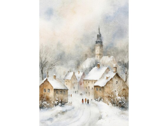 Snowy Winter Village Watercolor Art Print Cozy Christmas Town Scene Decor