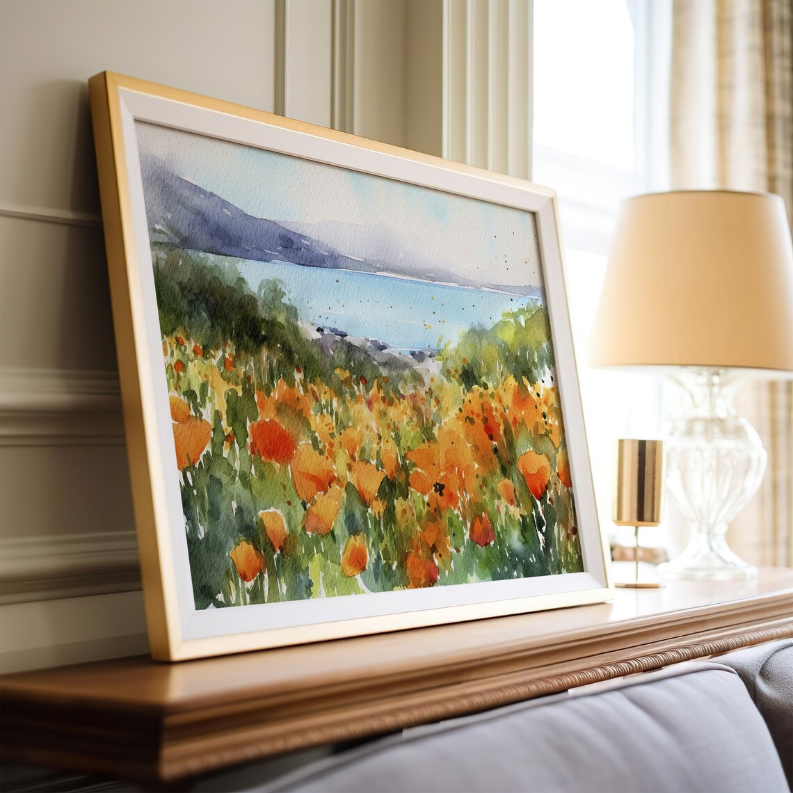 California Orange Poppies Coastal View Watercolor Wildflower Field Poster - Image 4