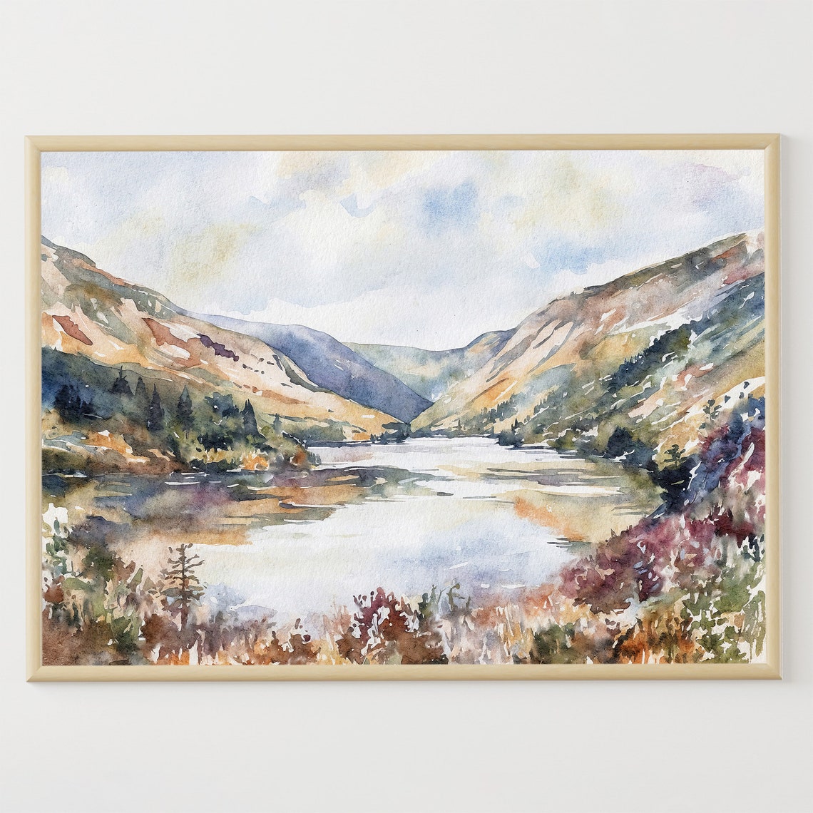 Glendalough Ireland Mountain Lake Valley Autumn Watercolor Art Poster