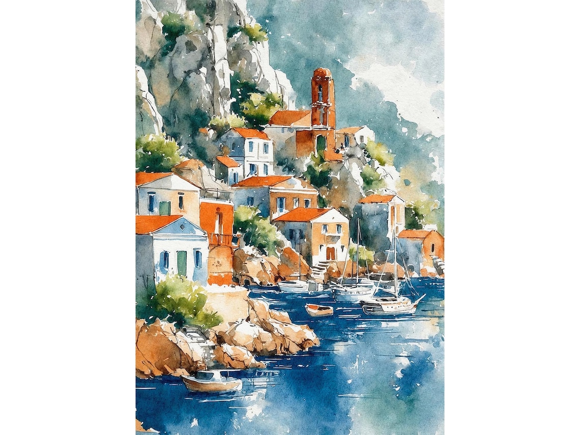 Symi Greece Harbor Village Hillside Bright Watercolor Poster
