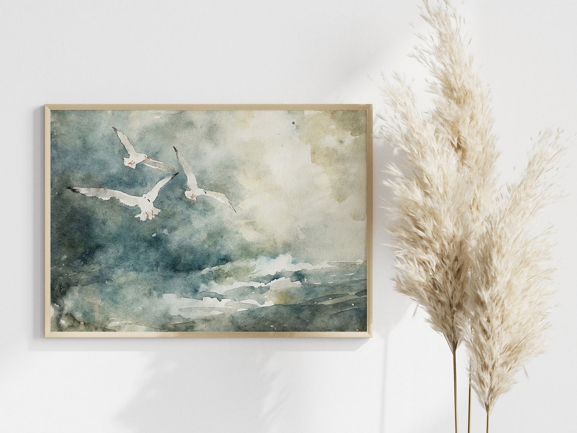 Seagulls Flying Over Stormy Sea Waves Watercolor Bird Art Print - Image 3