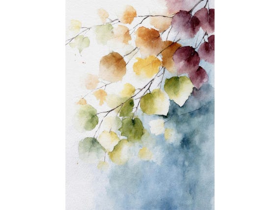Leaves Watercolor Art Print, Fall Birch Painting