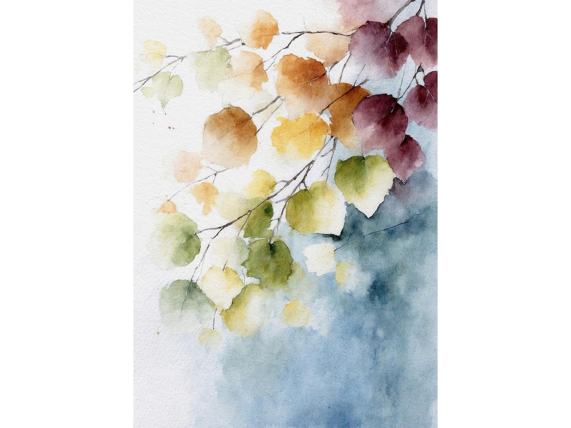 Leaves Watercolor Art Print, Fall Birch Painting