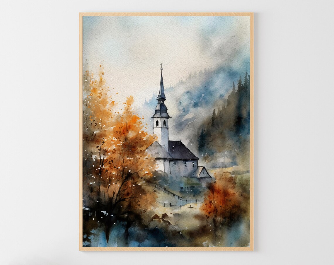 Church Watercolor Art Print, Historic Country Chapel