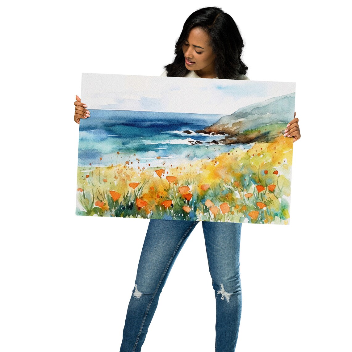 Big Sur California Poppy Landscape, Watercolor Art Print - Image 2