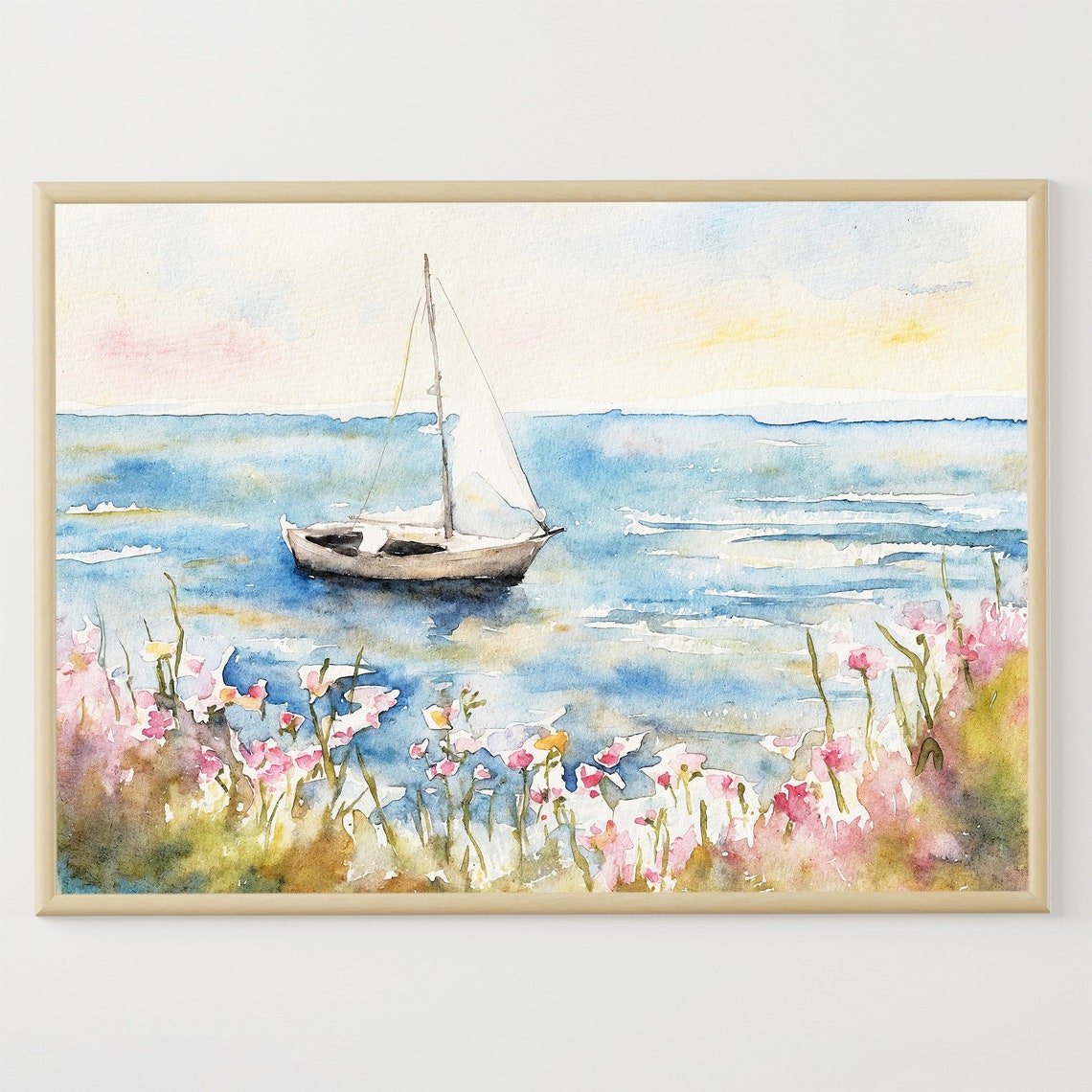 Cape Cod Sailboat Pink Beach Roses Ocean Breeze Watercolor Art Poster