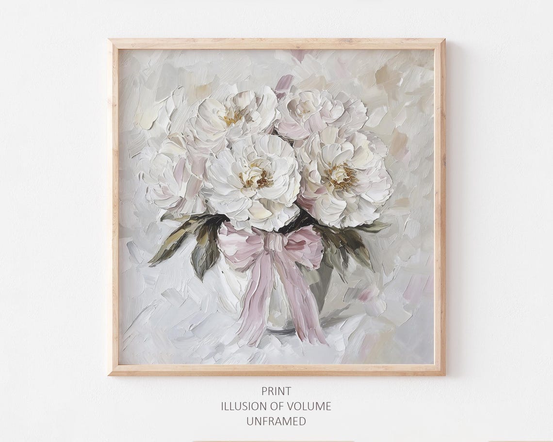 Peony Oil Print Pink Bow Wall Art Flowers Bouquet Painting Neutral Pink Beige Floral Print From An Original Oil Painting