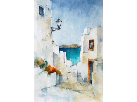 Santorini Watercolor Whitewashed Alley Aegean Sea Travel Poster