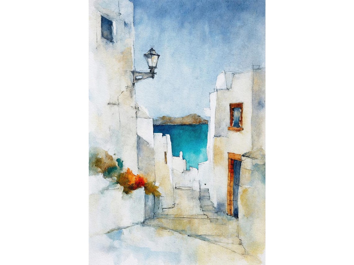 Santorini Watercolor Whitewashed Alley Aegean Sea Travel Poster